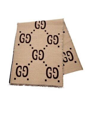 Gucci Scarf GG Jacquard Brown Beige 91% Wool 9% Silk